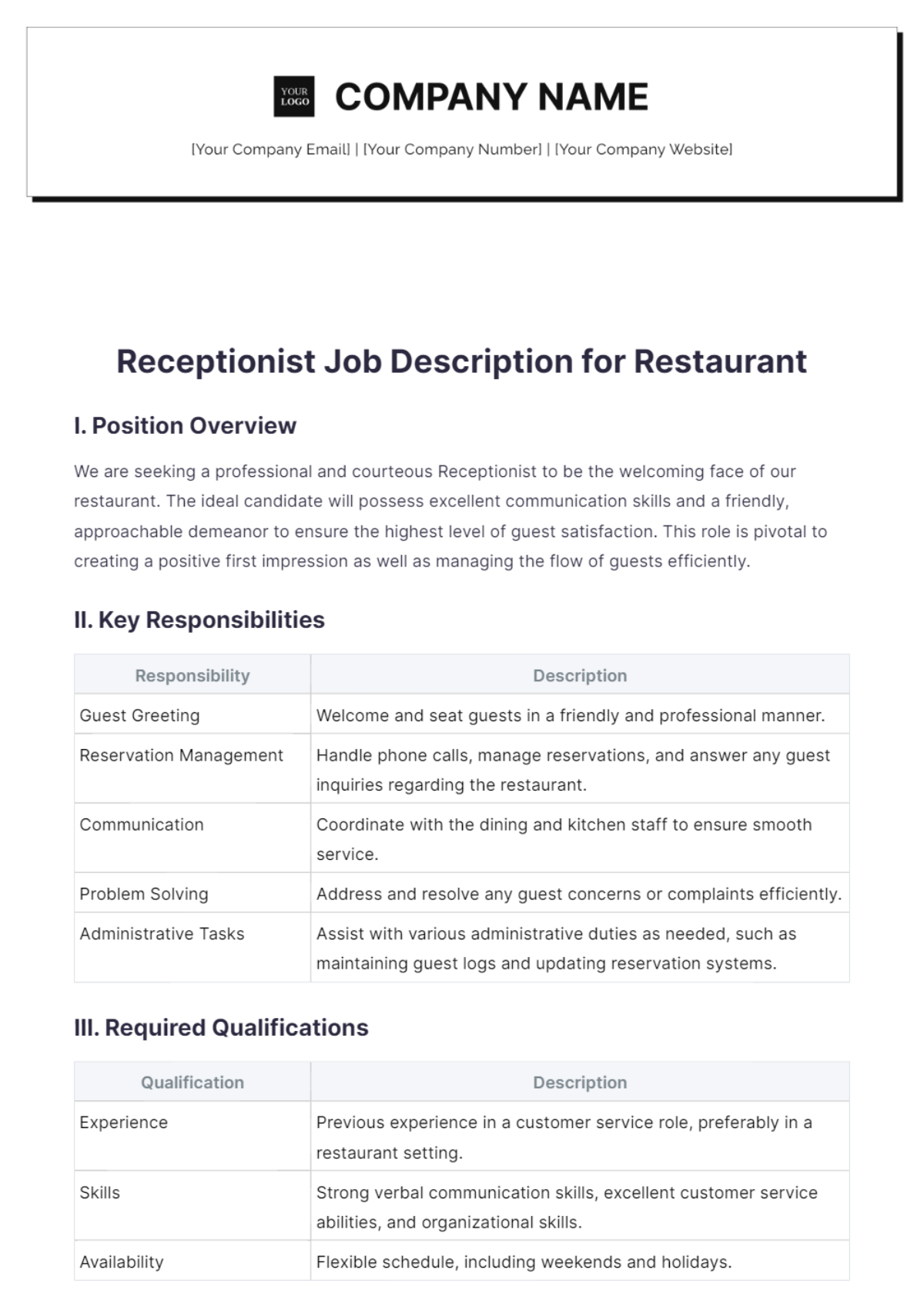 Receptionist Job Description for Restaurant Template - Edit Online & Download