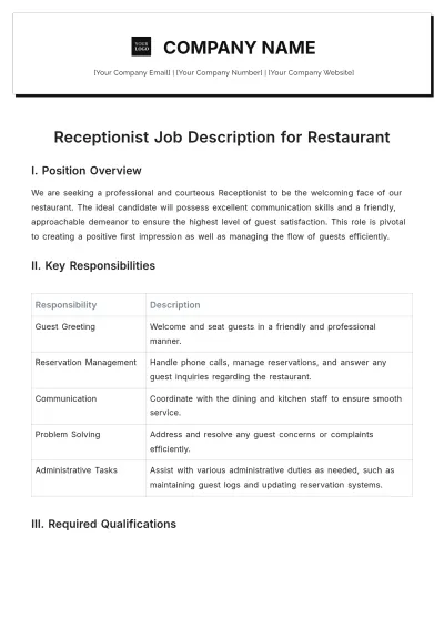 Free Receptionist Job Description for Restaurant Template to Edit Online