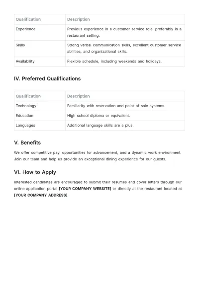 Free Receptionist Job Description for Restaurant Template to Edit Online