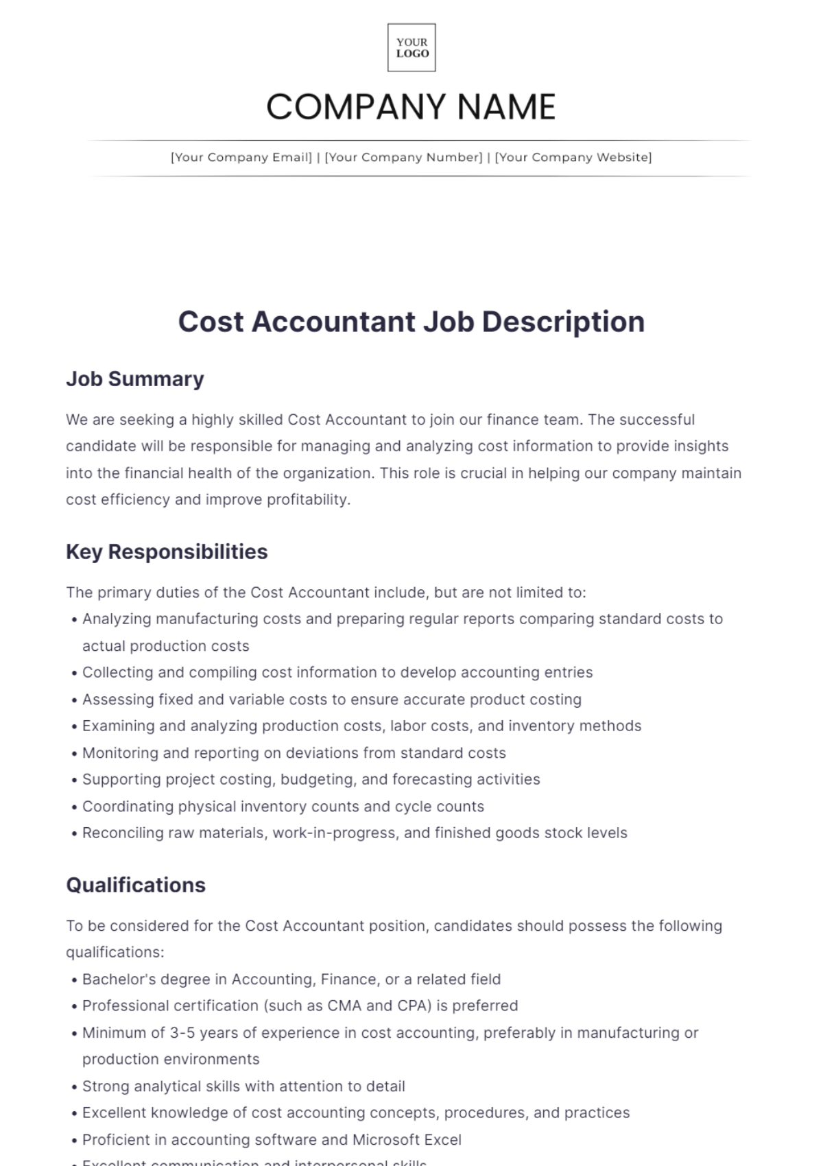 Cost Accountant Job Description Template - Edit Online & Download