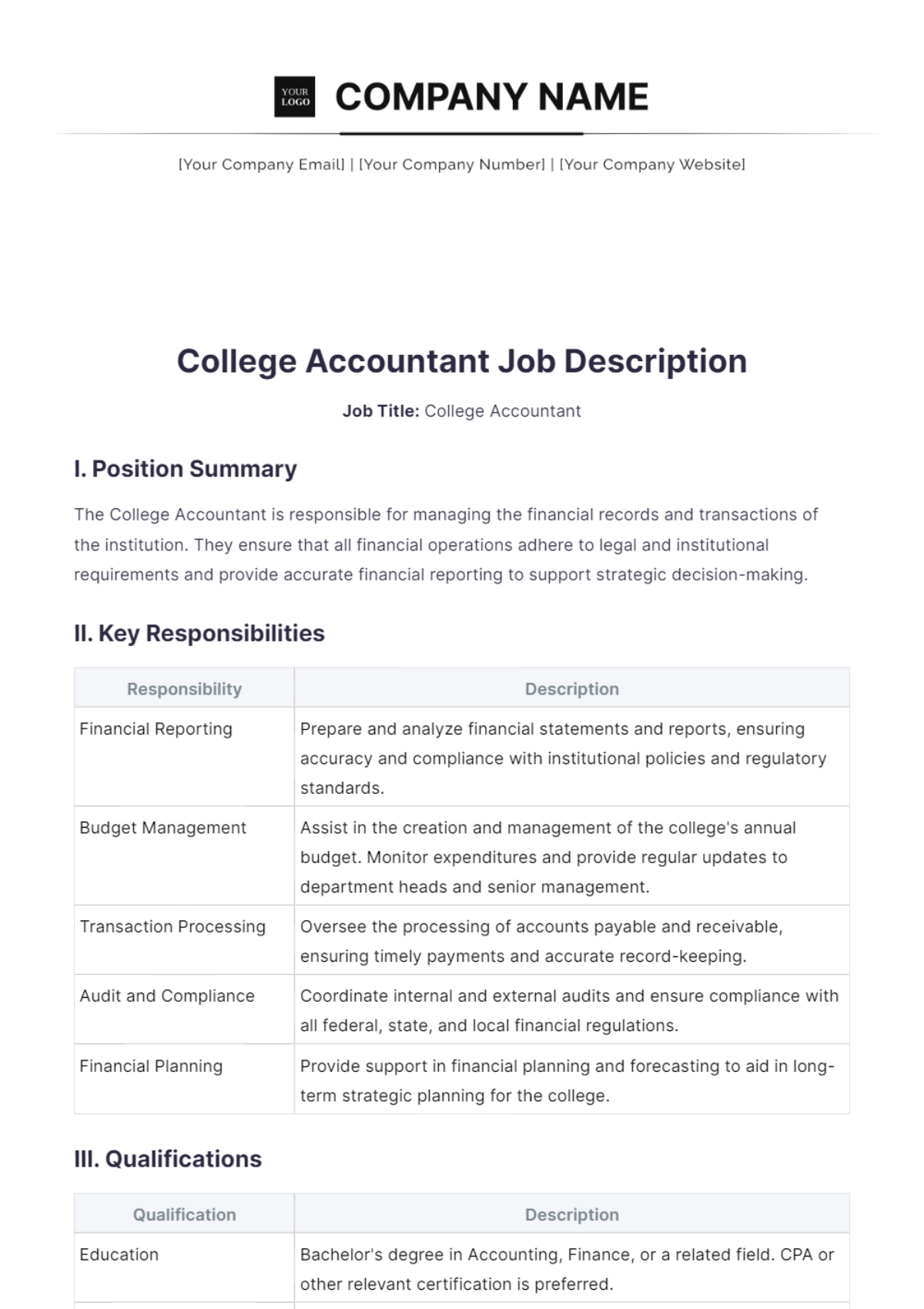 College Accountant Job Description Template - Edit Online & Download