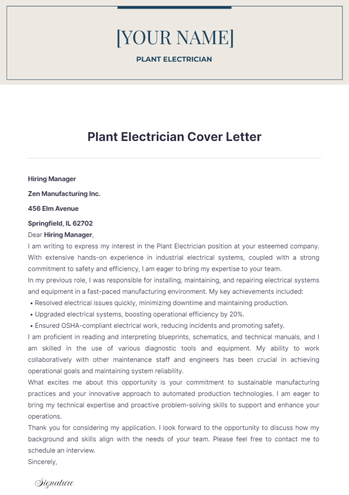 Plant Electrician Cover Letter - Edit Online & Download