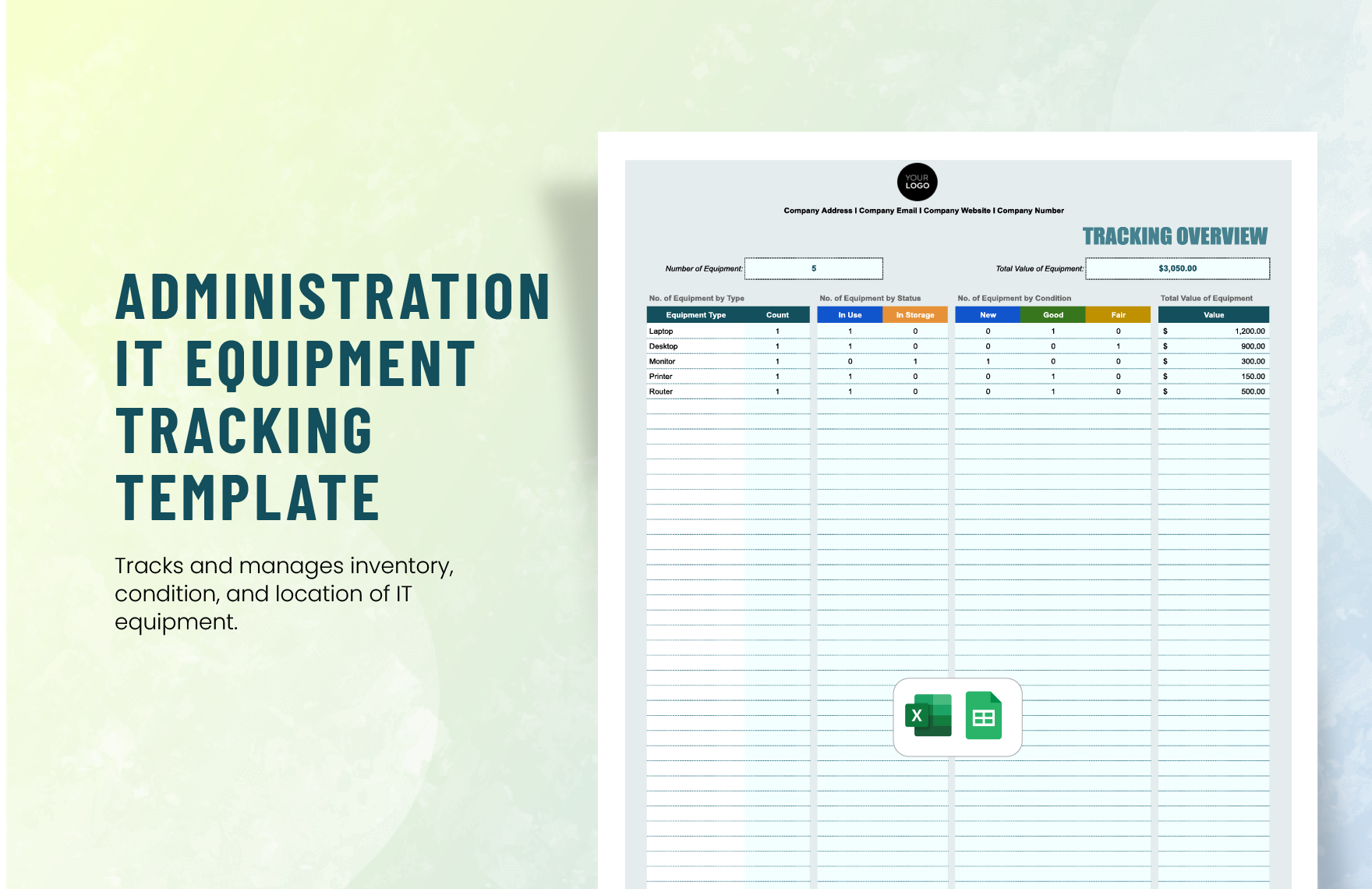 Administration IT Equipment Tracking Template in Excel, Google Sheets