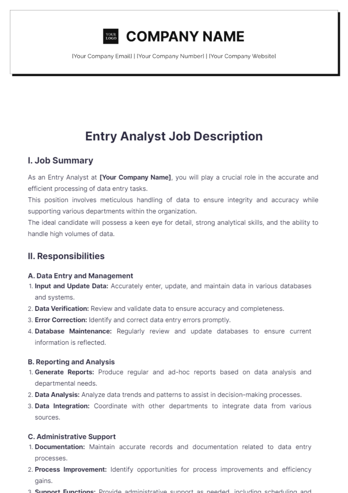 Entry Analyst Job Description Template - Edit Online & Download