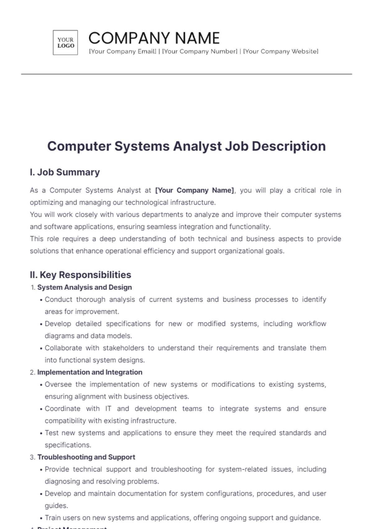 Computer Systems Analyst Job Description Template - Edit Online & Download