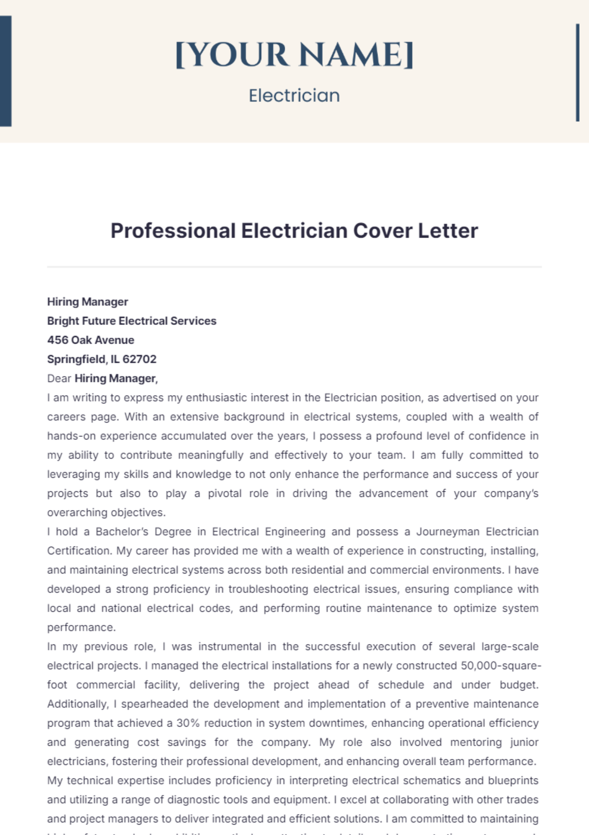 Professional Electrician Cover Letter - Edit Online & Download