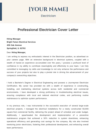Free Professional Electrician Cover Letter to Edit Online