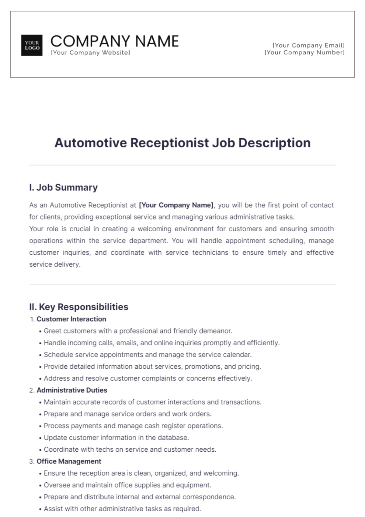 Automotive Receptionist Job Description Template - Edit Online & Download