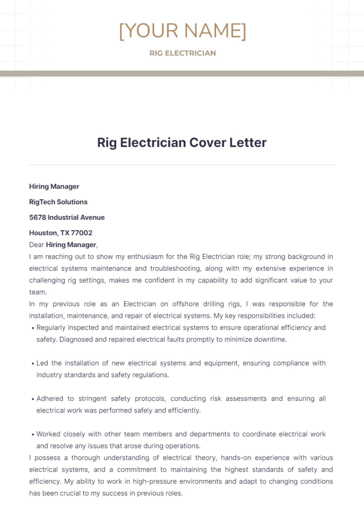 Rig Electrician Cover Letter - Edit Online & Download