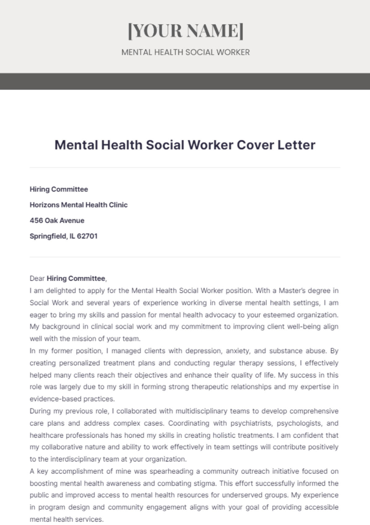 Mental Health Social Worker Cover Letter - Edit Online & Download