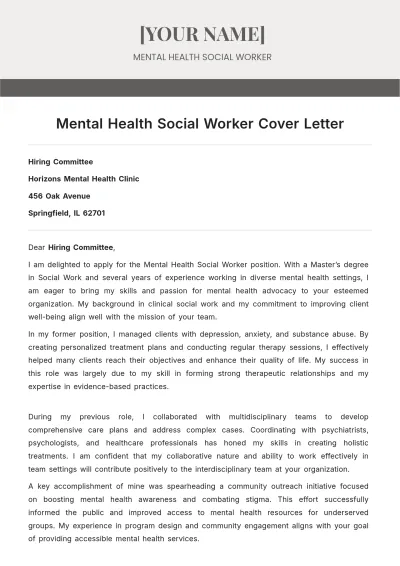 Free Mental Health Social Worker Cover Letter to Edit Online