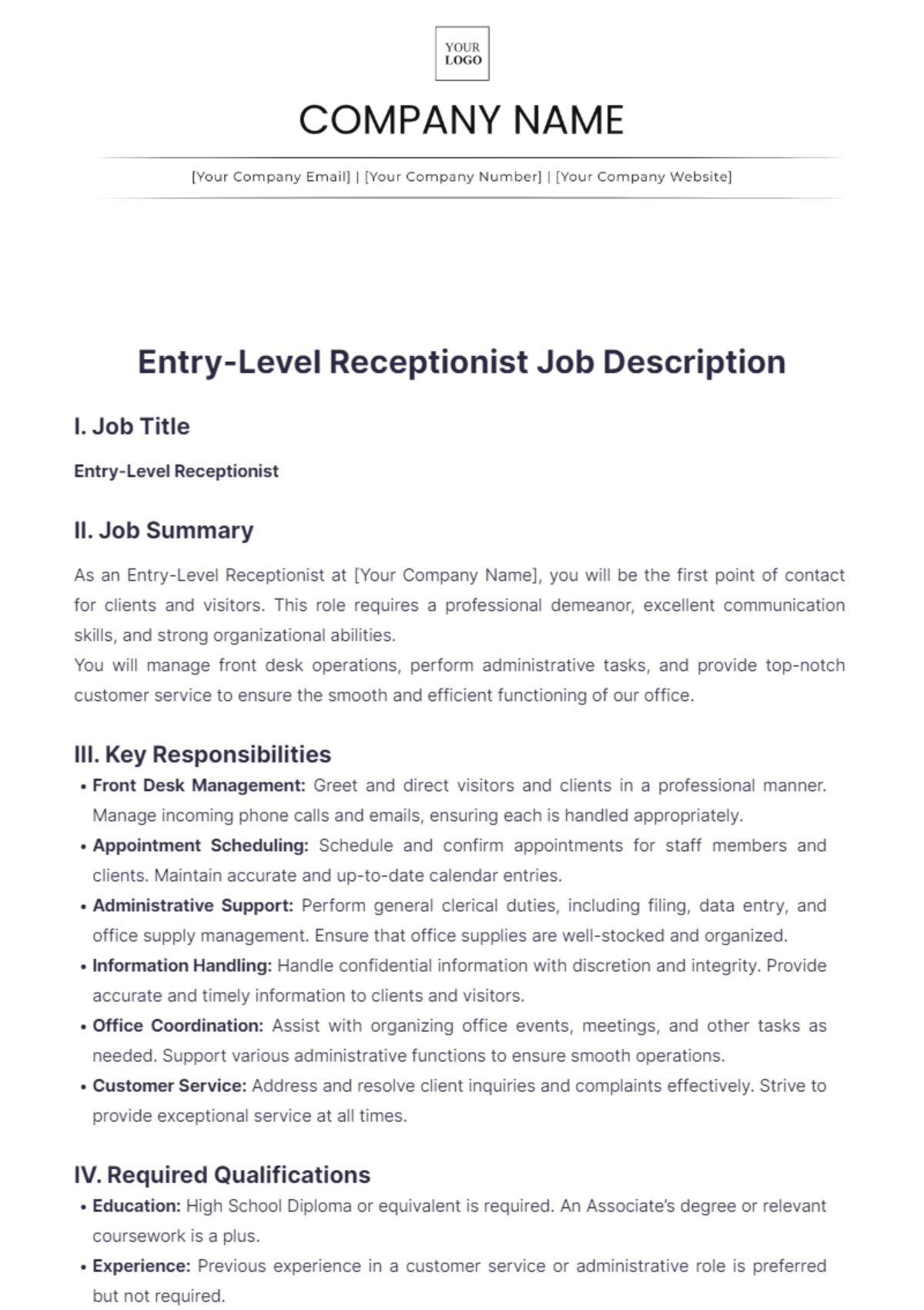 Entry-Level Receptionist Job Description Template - Edit Online & Download