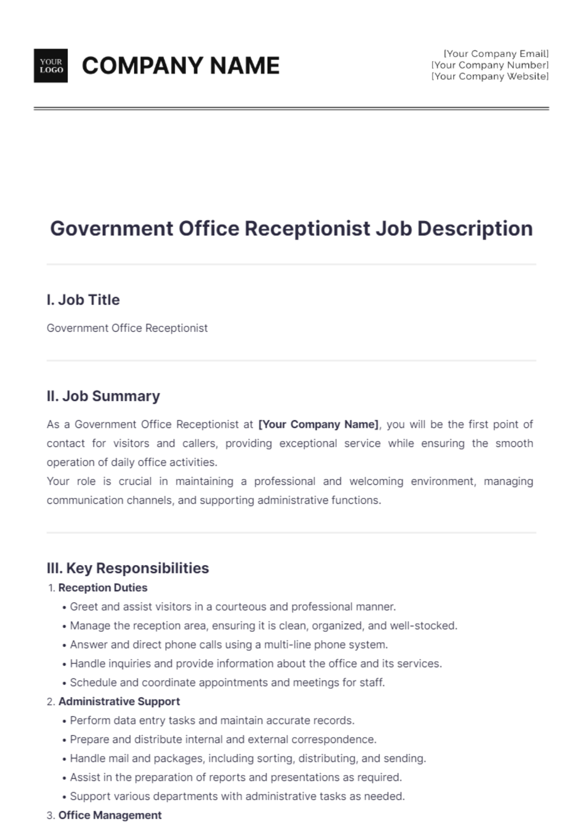 Government Office Receptionist Job Description Template - Edit Online & Download