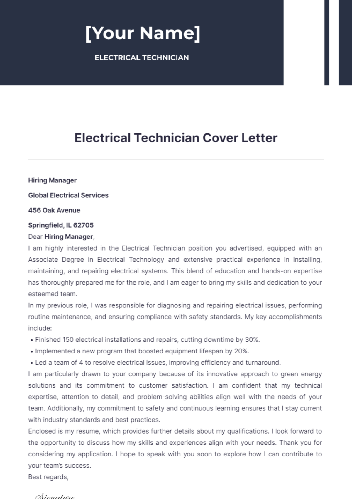 Electrical Technician Cover Letter - Edit Online & Download