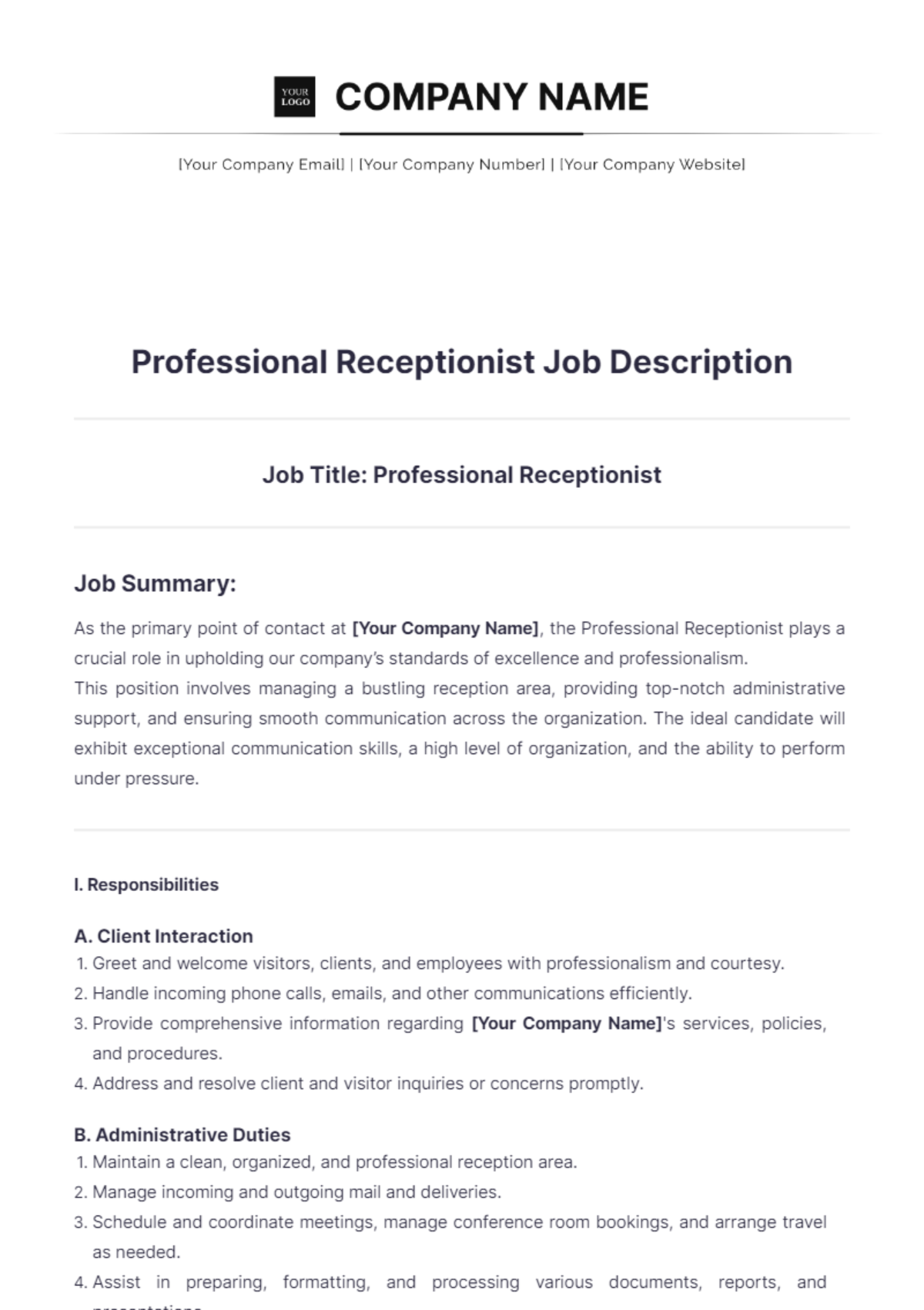 Professional Receptionist Job Description Template - Edit Online & Download