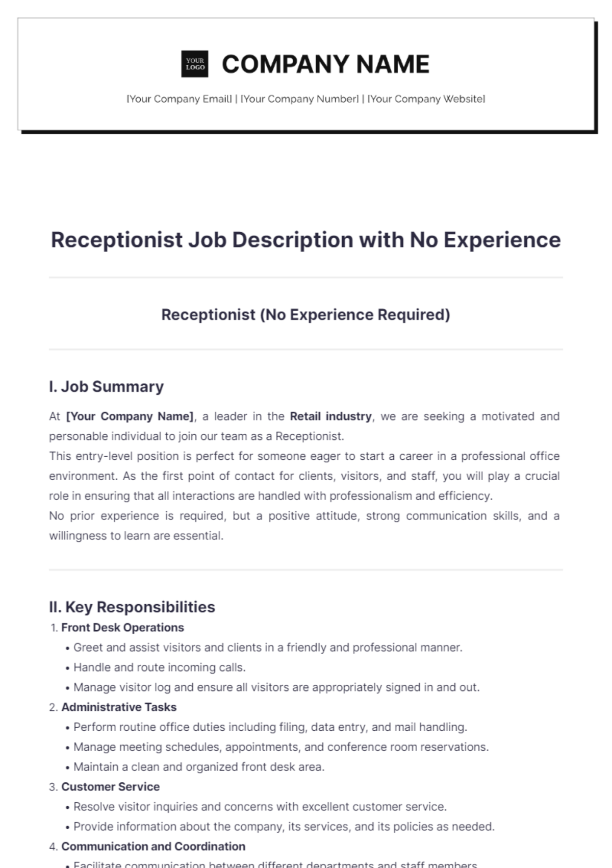 Receptionist Job Description with No Experience Template - Edit Online & Download