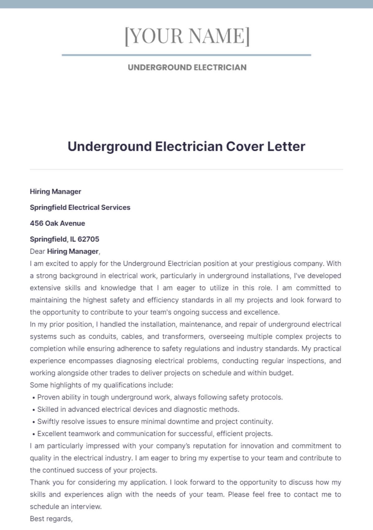 Underground Electrician Cover Letter - Edit Online & Download