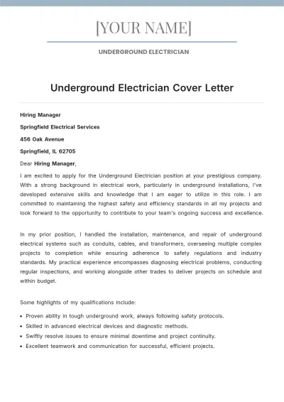 Free Underground Electrician Cover Letter to Edit Online