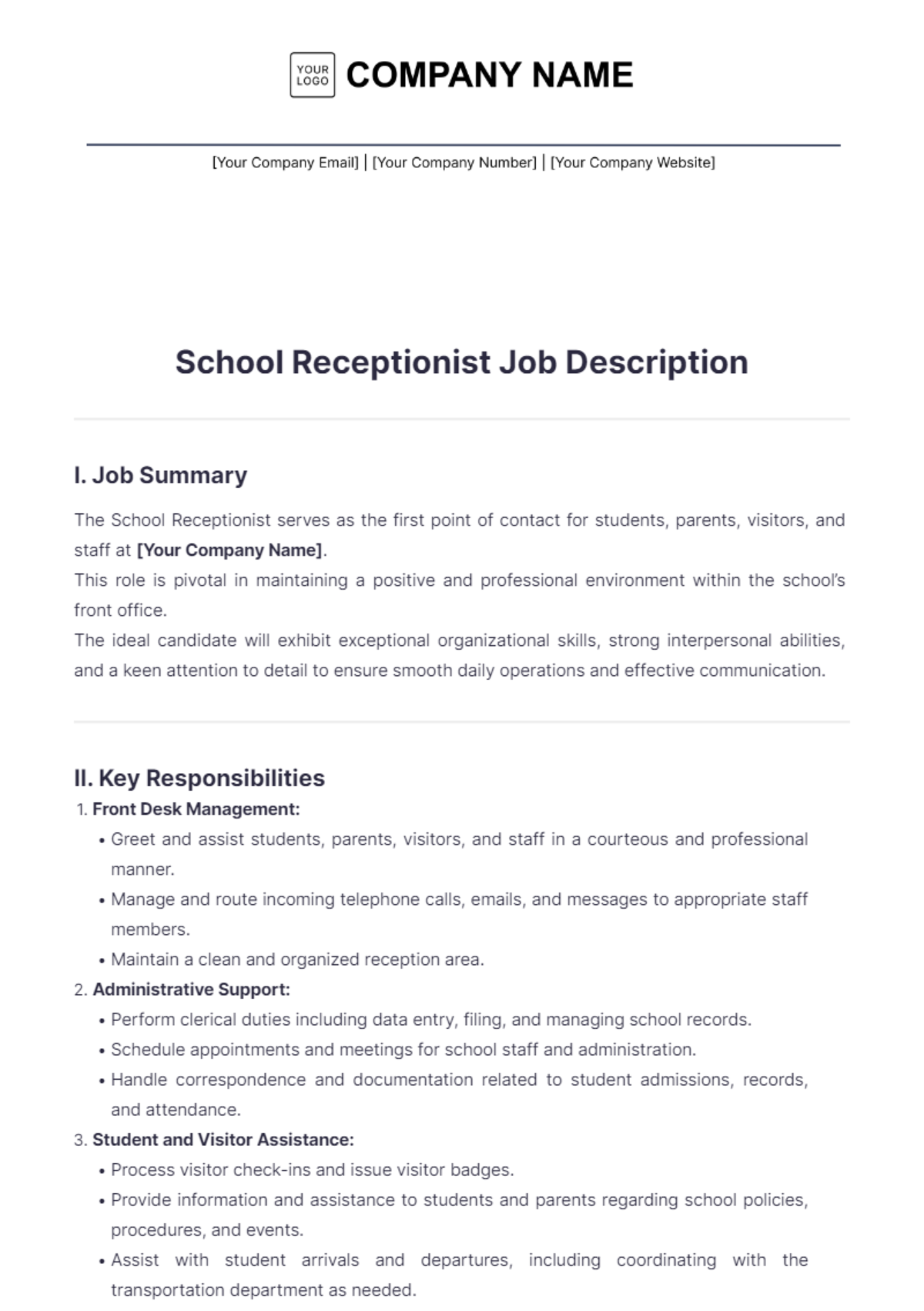 School Receptionist Job Description Template - Edit Online & Download