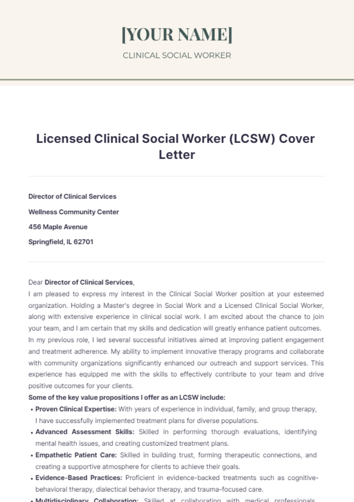 Licensed Clinical Social Worker (LCSW) Cover Letter - Edit Online & Download