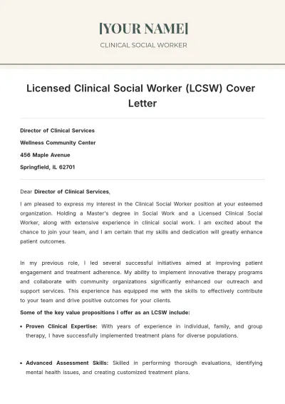 Free Licensed Clinical Social Worker (LCSW) Cover Letter to Edit Online
