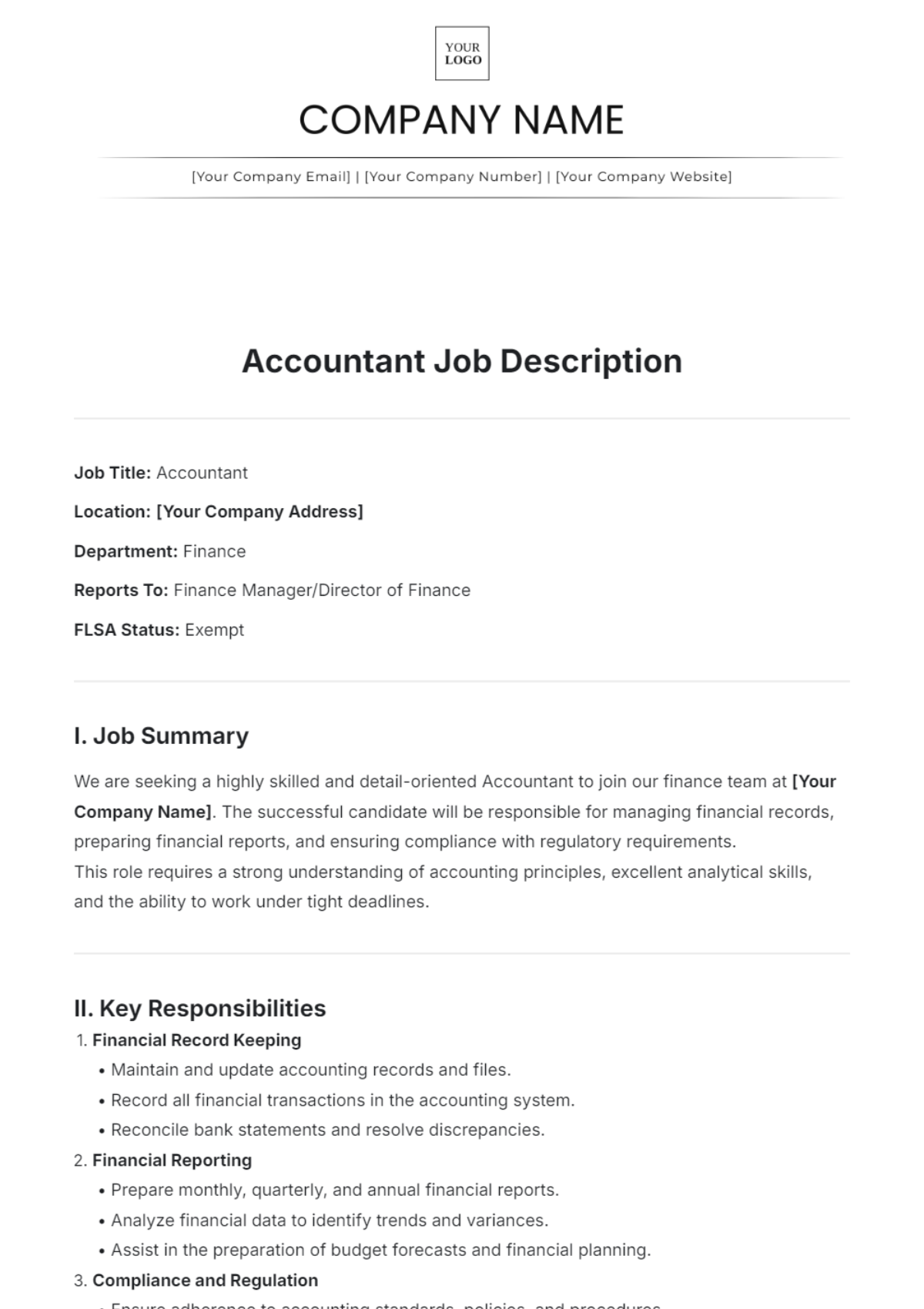 Professional Accountant Job Description Template - Edit Online & Download