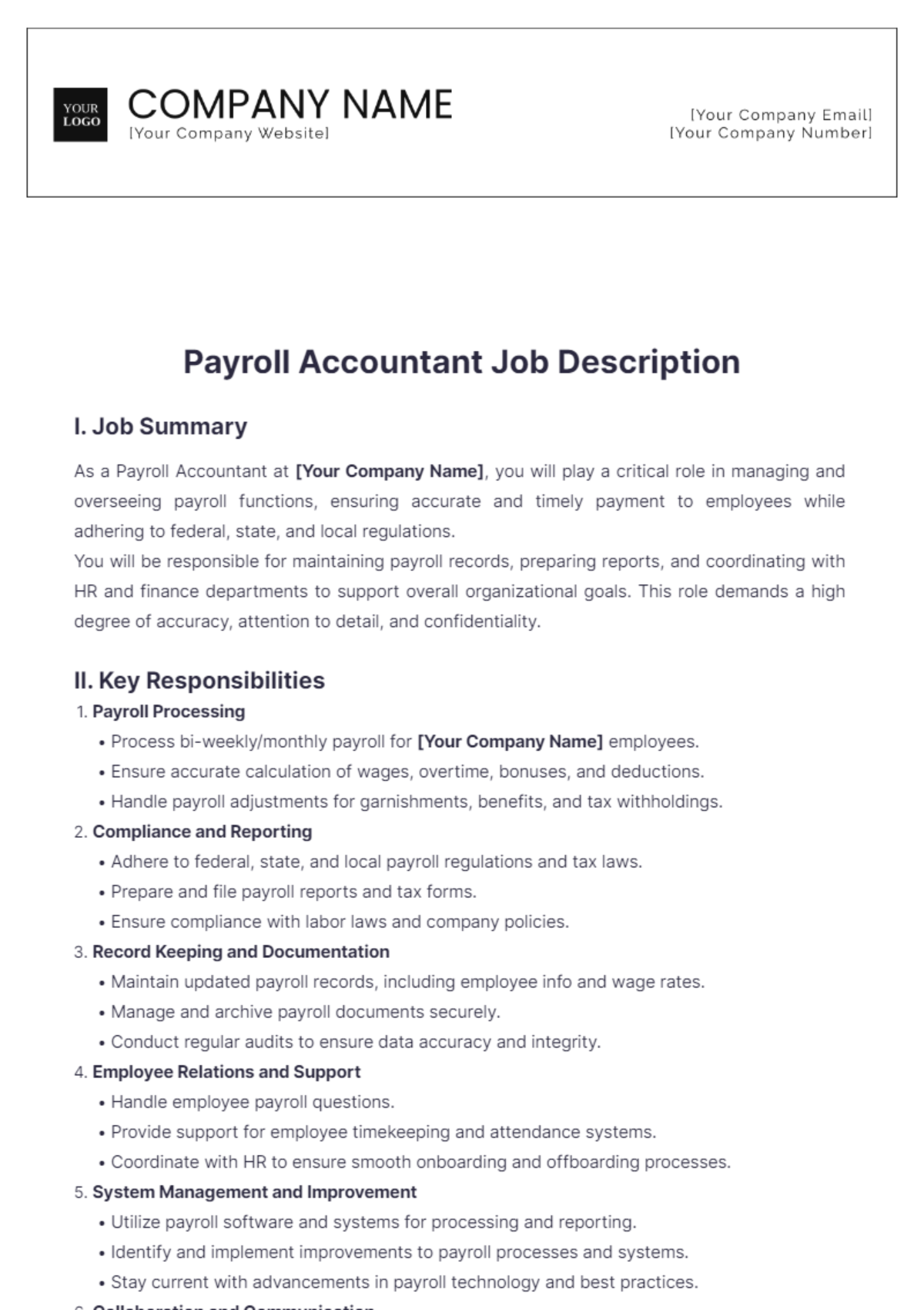 Payroll Accountant Job Description Template - Edit Online & Download