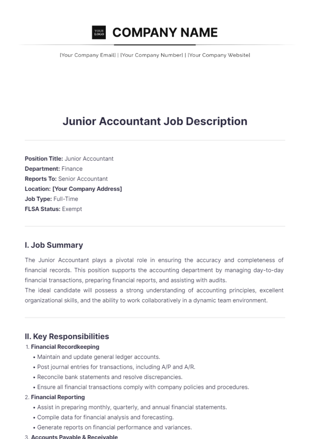 Junior Accountant Job Description Template - Edit Online & Download