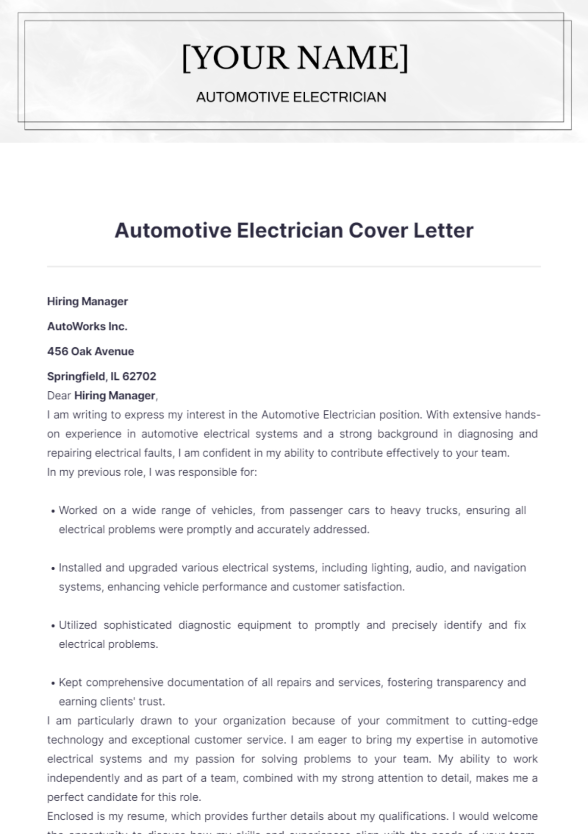 Automotive Electrician Cover Letter - Edit Online & Download