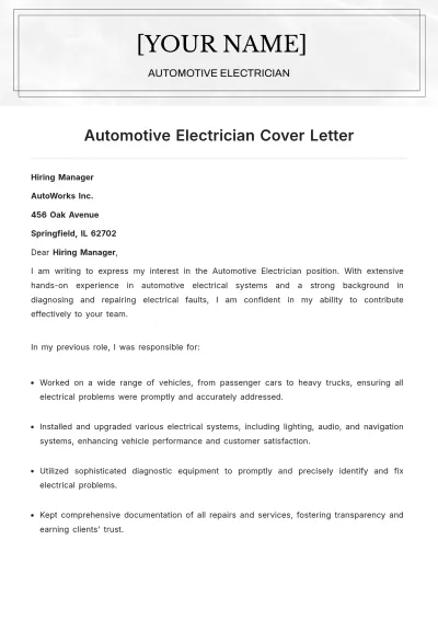 Free Automotive Electrician Cover Letter to Edit Online