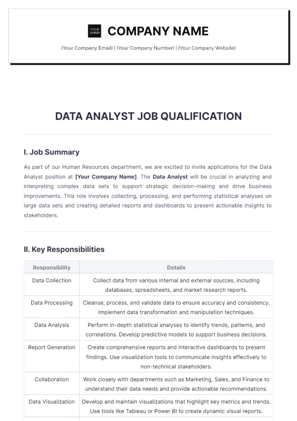 Data Analyst Job Qualifications Template - Edit Online & Download