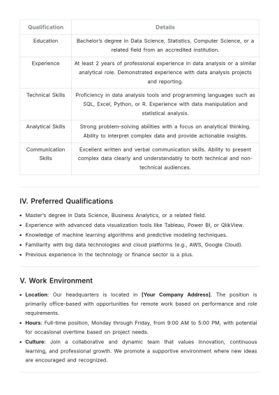 Free Data Analyst Job Qualifications Template to Edit Online
