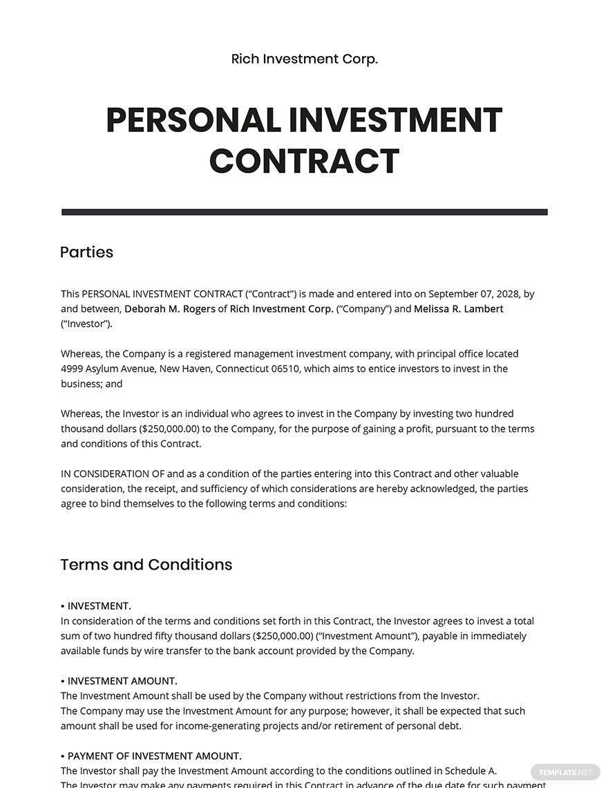 Personal Investment contract Template