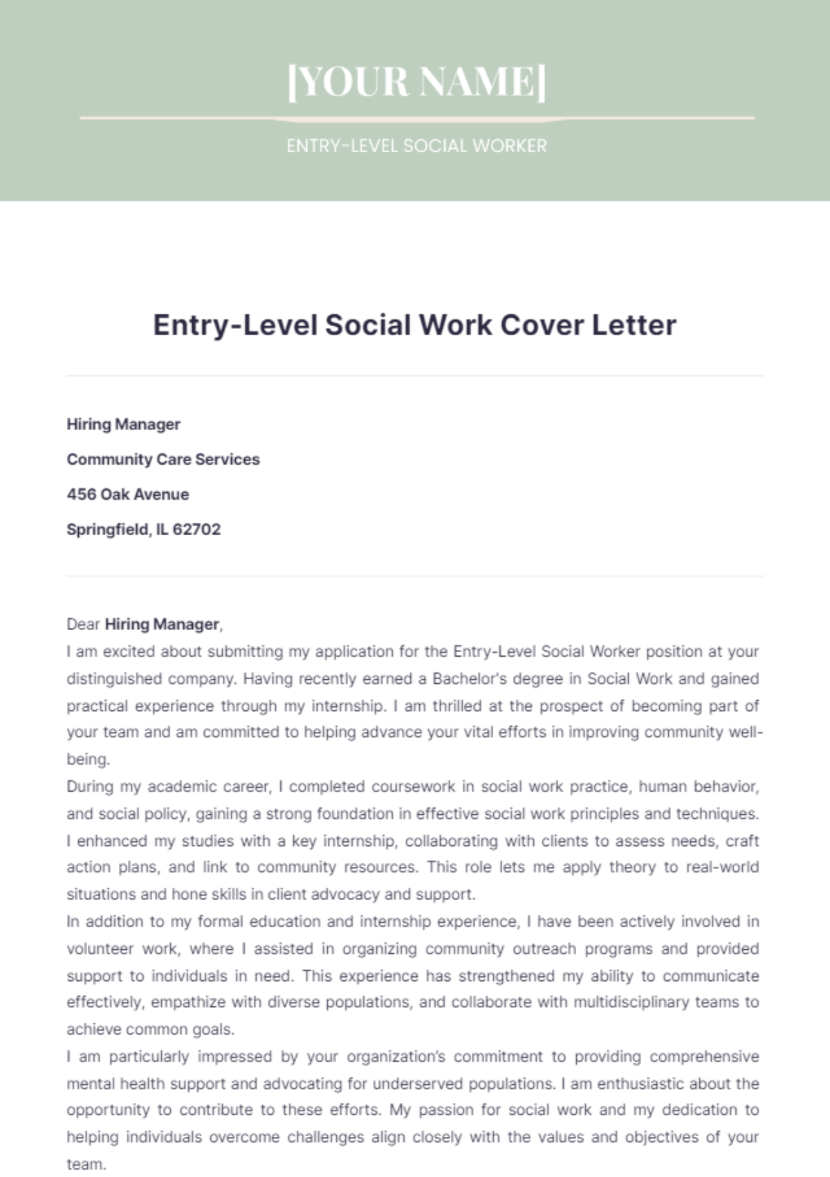 Entry-Level Social Work Cover Letter - Edit Online & Download