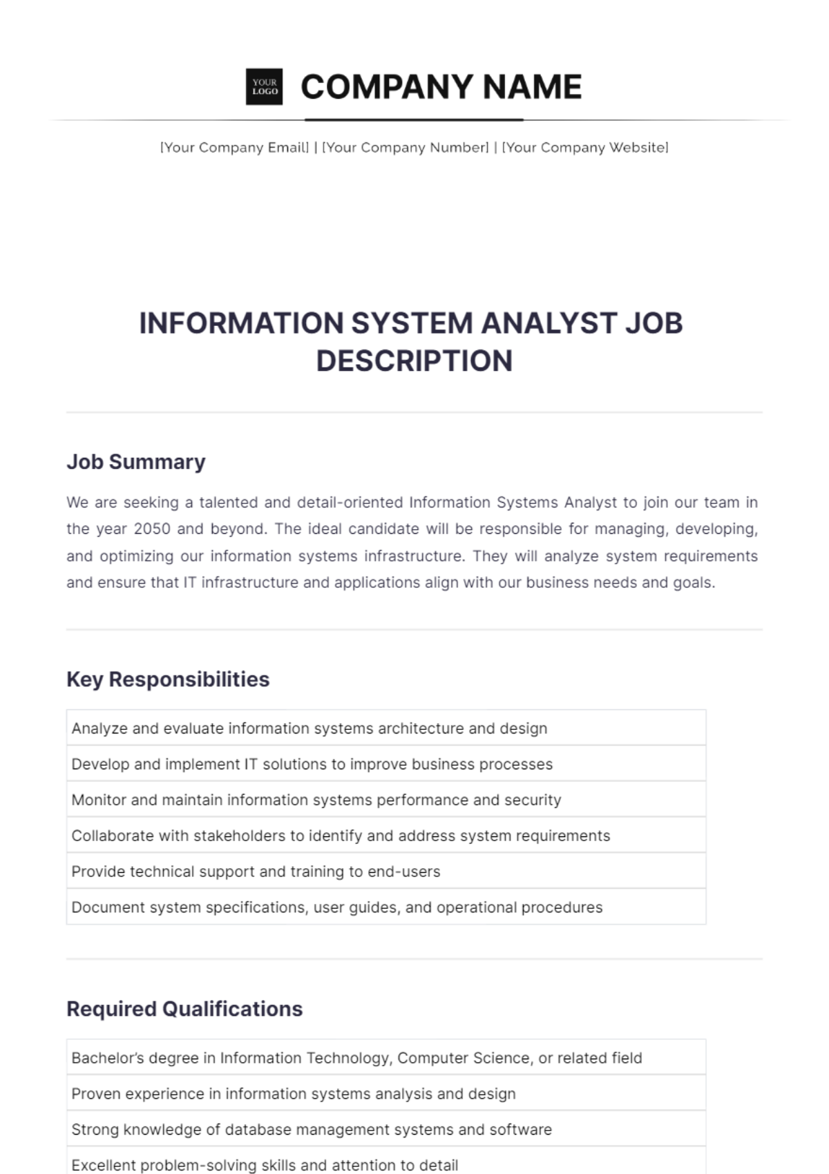 Information Systems Analyst Job Description Template - Edit Online & Download