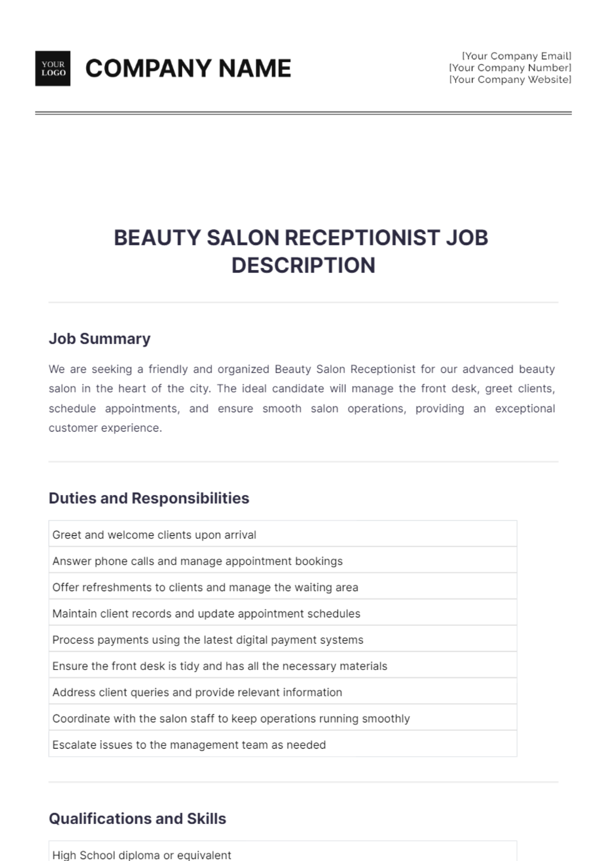 Beauty Salon Receptionist Job Description Template - Edit Online & Download