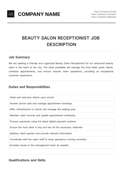 Free Beauty Salon Receptionist Job Description Template to Edit Online