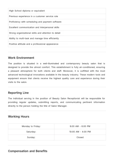 Free Beauty Salon Receptionist Job Description Template to Edit Online