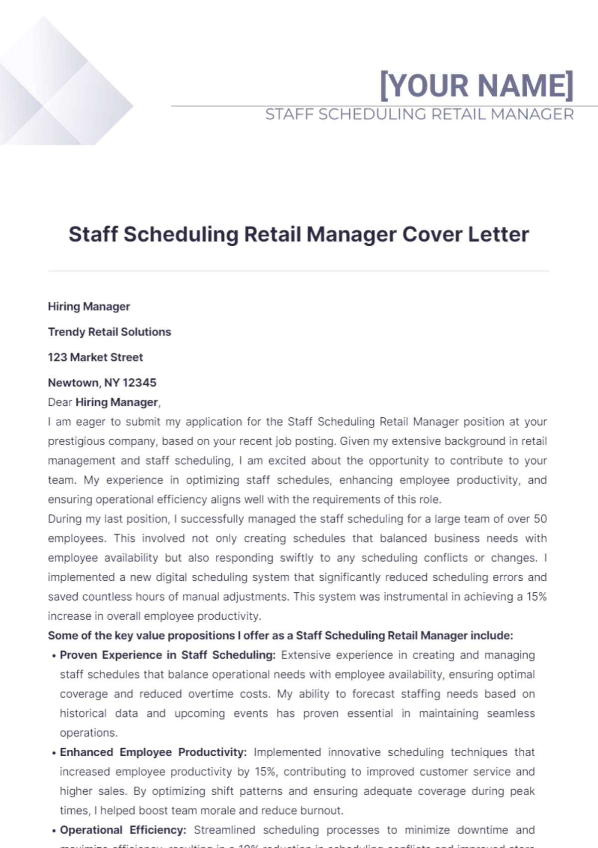 Staff Scheduling Retail Manager Cover Letter - Edit Online & Download