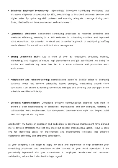 Free Staff Scheduling Retail Manager Cover Letter to Edit Online