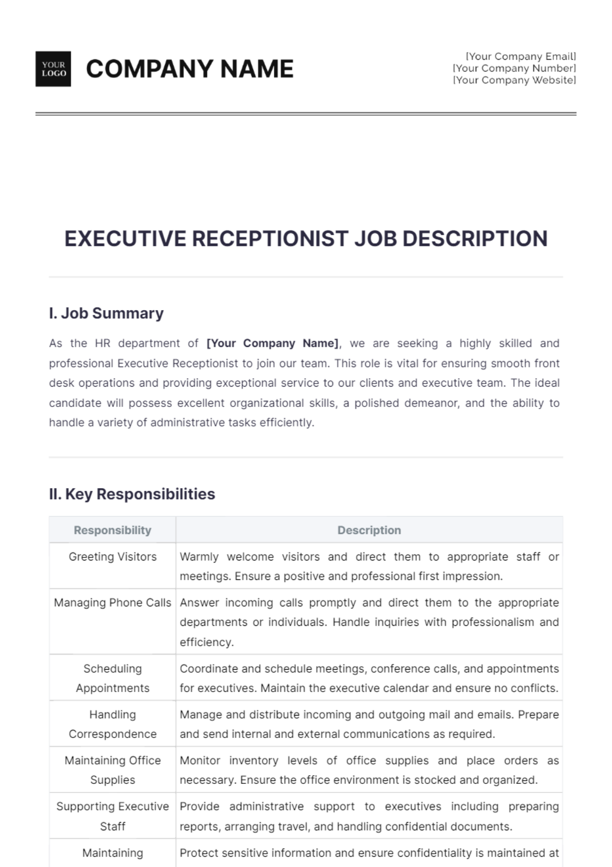 Executive Receptionist Job Description Template - Edit Online & Download