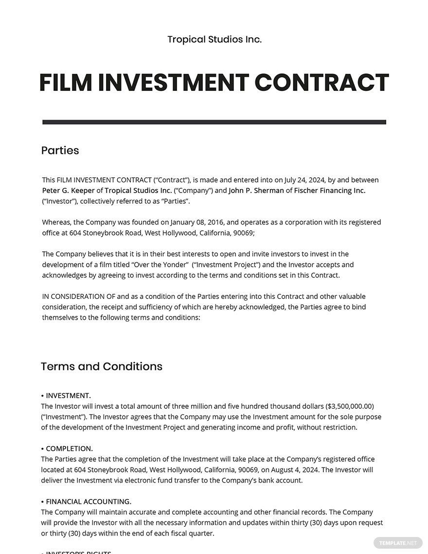 Film Investment Contract Template