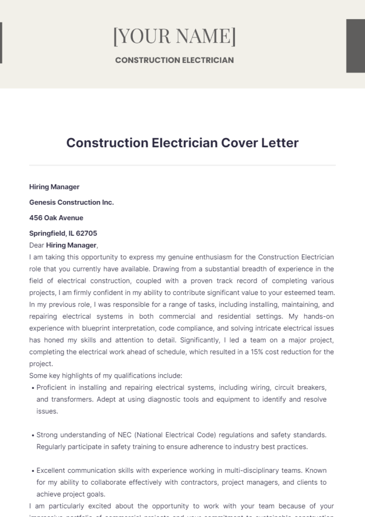 Construction Electrician Cover Letter - Edit Online & Download