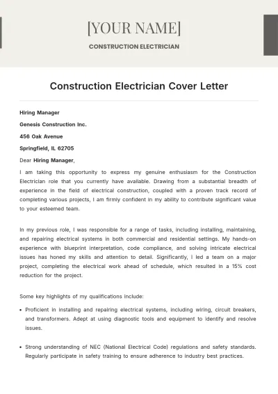 Free Construction Electrician Cover Letter to Edit Online