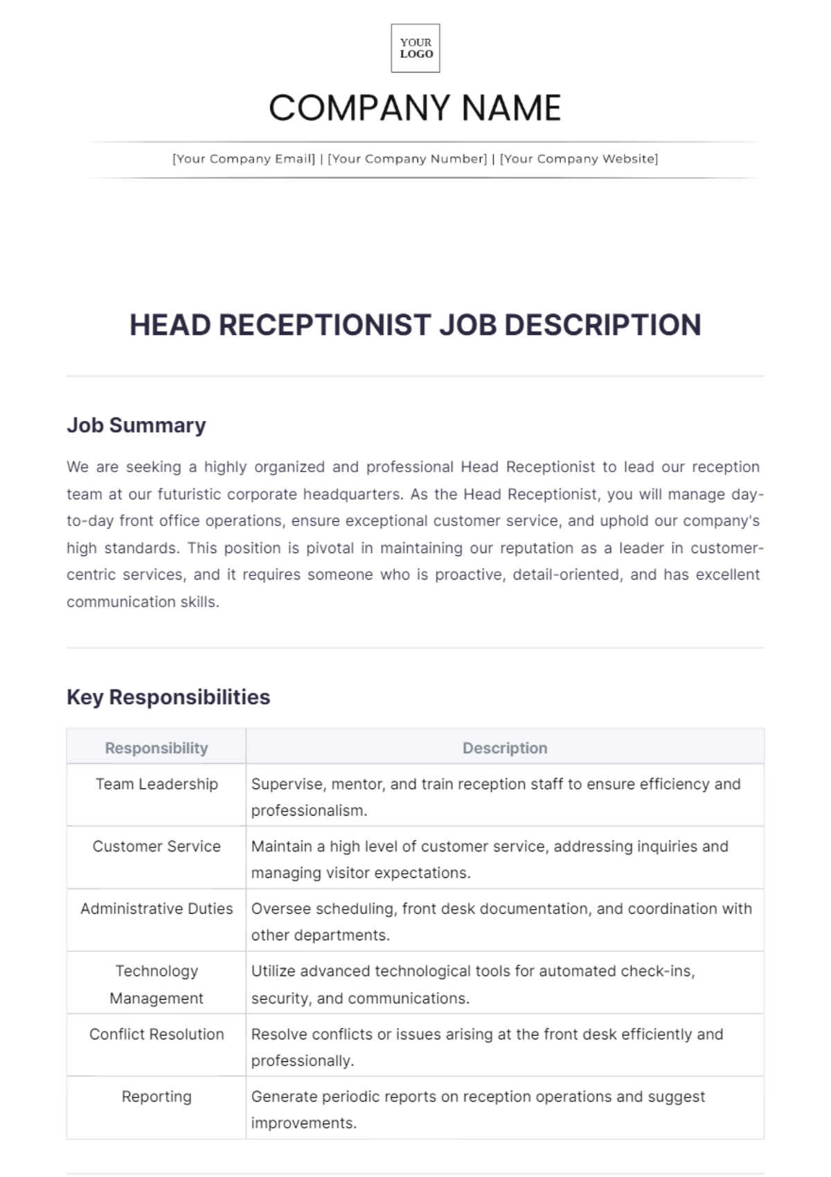 Head Receptionist Job Description Template - Edit Online & Download