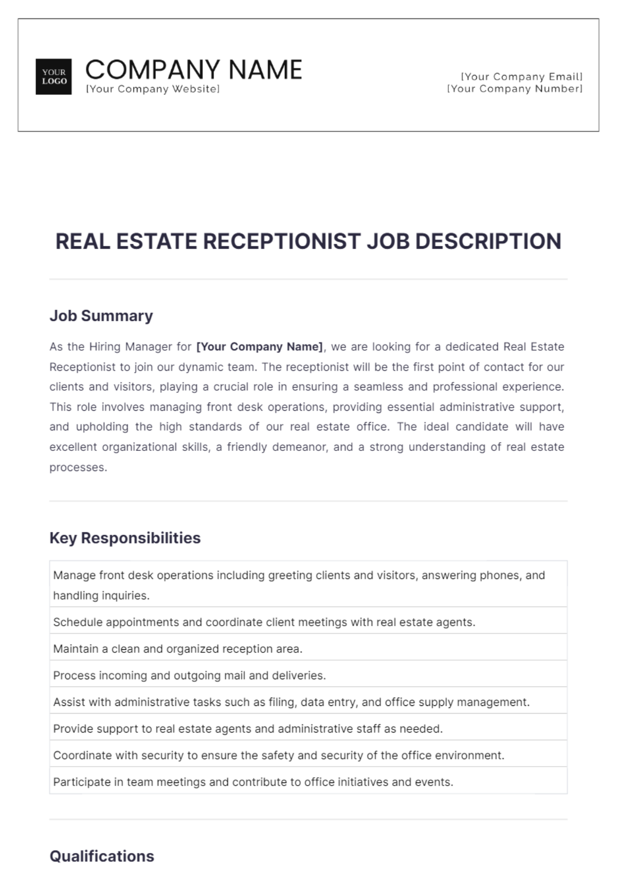 Real Estate Receptionist Job Description Template - Edit Online & Download