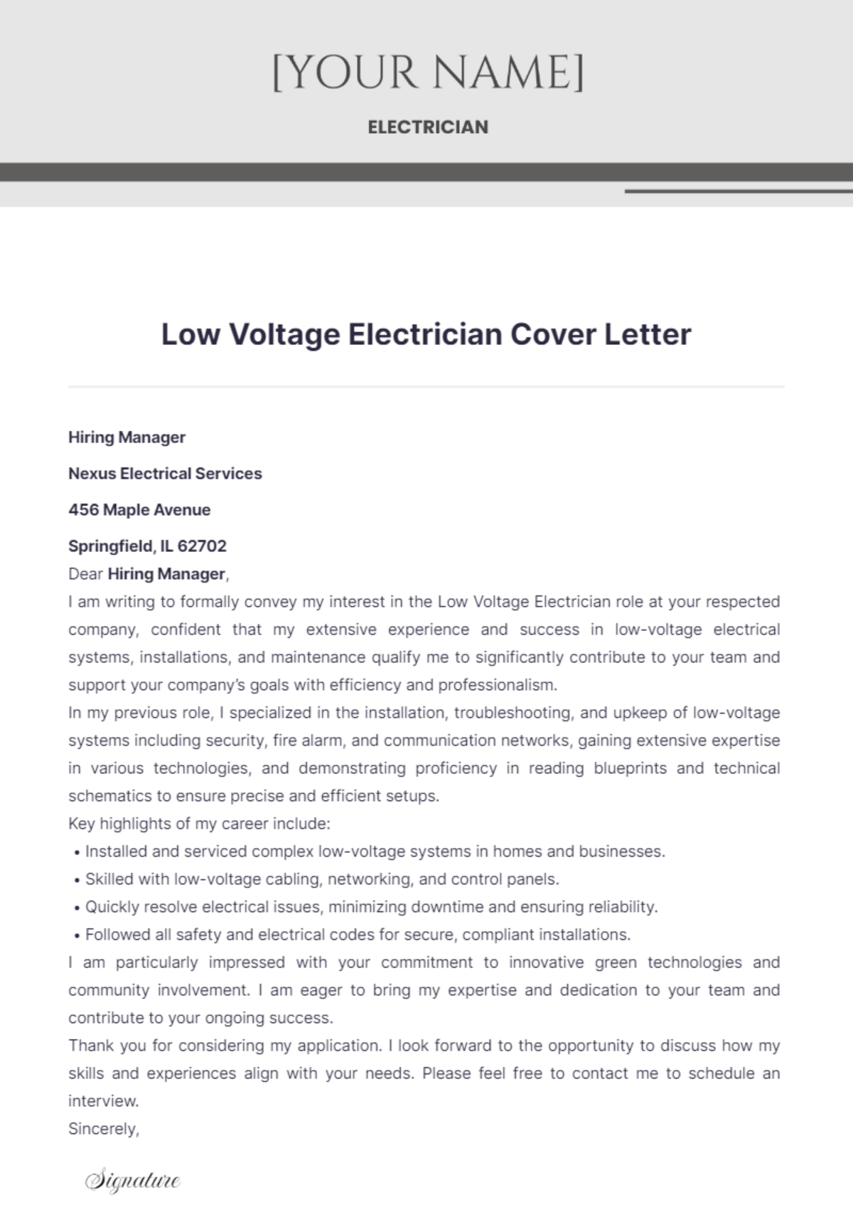 Low Voltage Electrician Cover Letter - Edit Online & Download