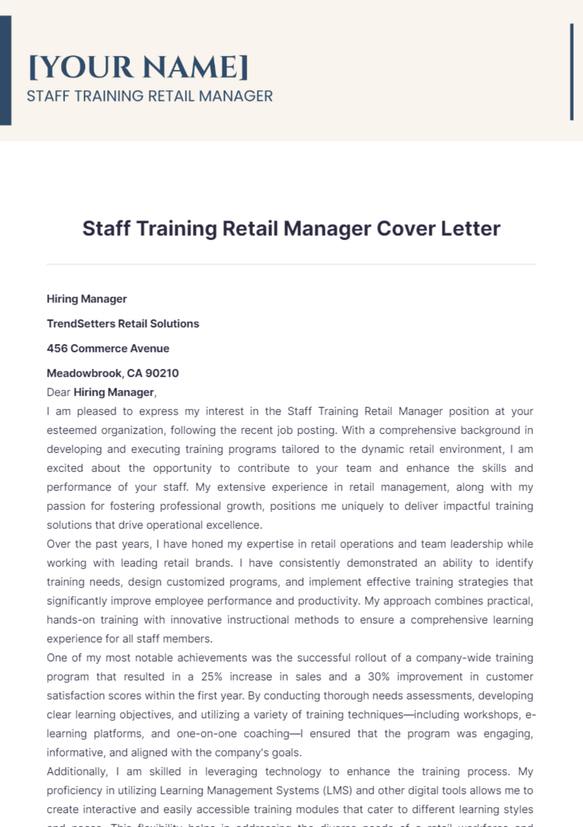 Staff Training Retail Manager Cover Letter - Edit Online & Download