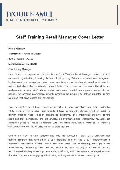 Free Staff Training Retail Manager Cover Letter to Edit Online