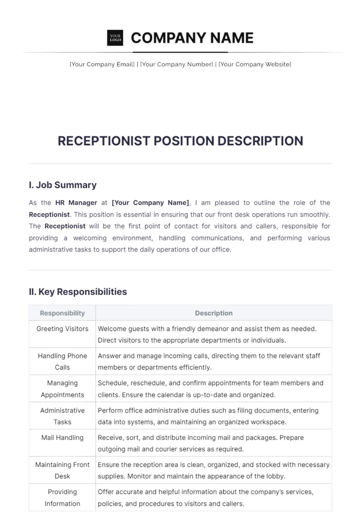 Receptionist Position Description Template - Edit Online & Download